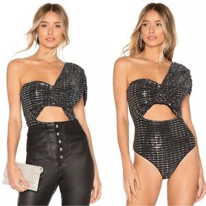 H:ours Black Sequin One-Shoulder Bodysuit